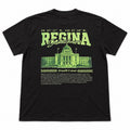 Back of a black T-shirt with lime green Regina Saskatchewan lettering, a domed landmark and checkerboard accents.