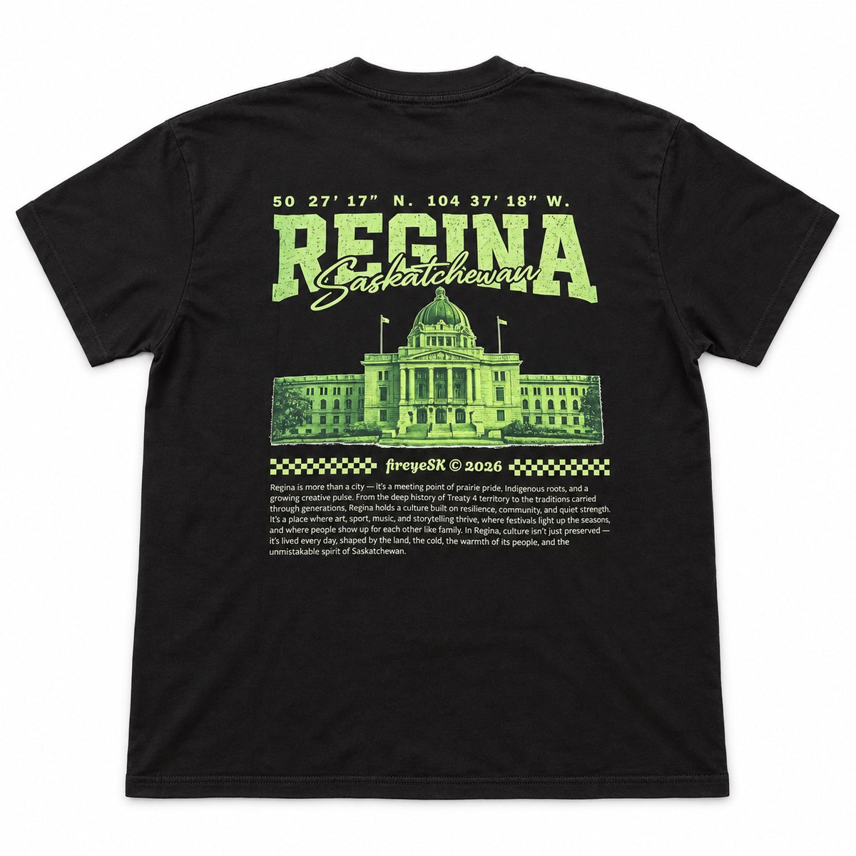 Back of a black T-shirt with lime green Regina Saskatchewan lettering, a domed landmark and checkerboard accents.