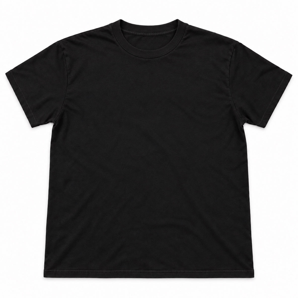 Plain front of a black short-sleeve crewneck T-shirt.