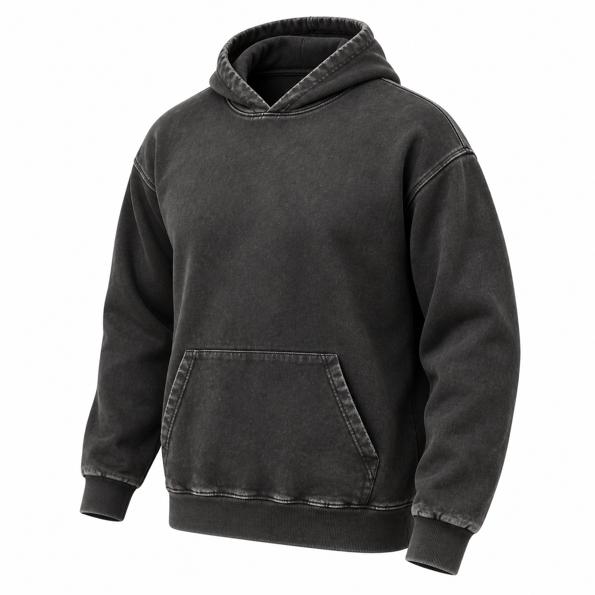 Three-quarter front view of a washed black pullover hoodie with a kangaroo pocket and ribbed cuffs and hem.