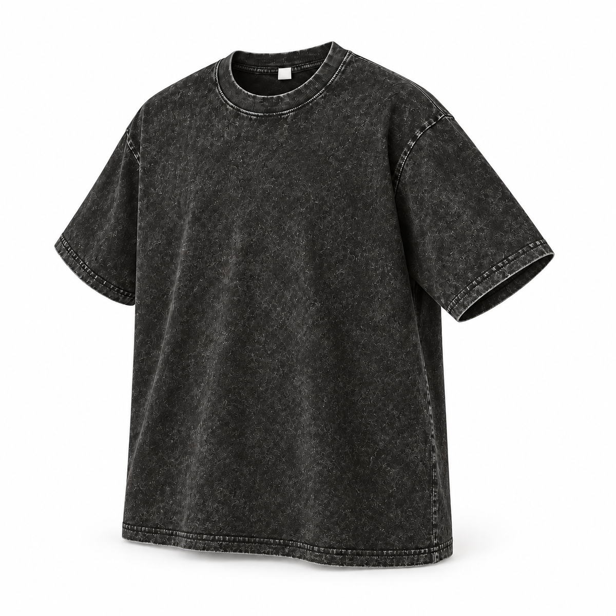 Three-quarter view of the black washed crewneck T-shirt.