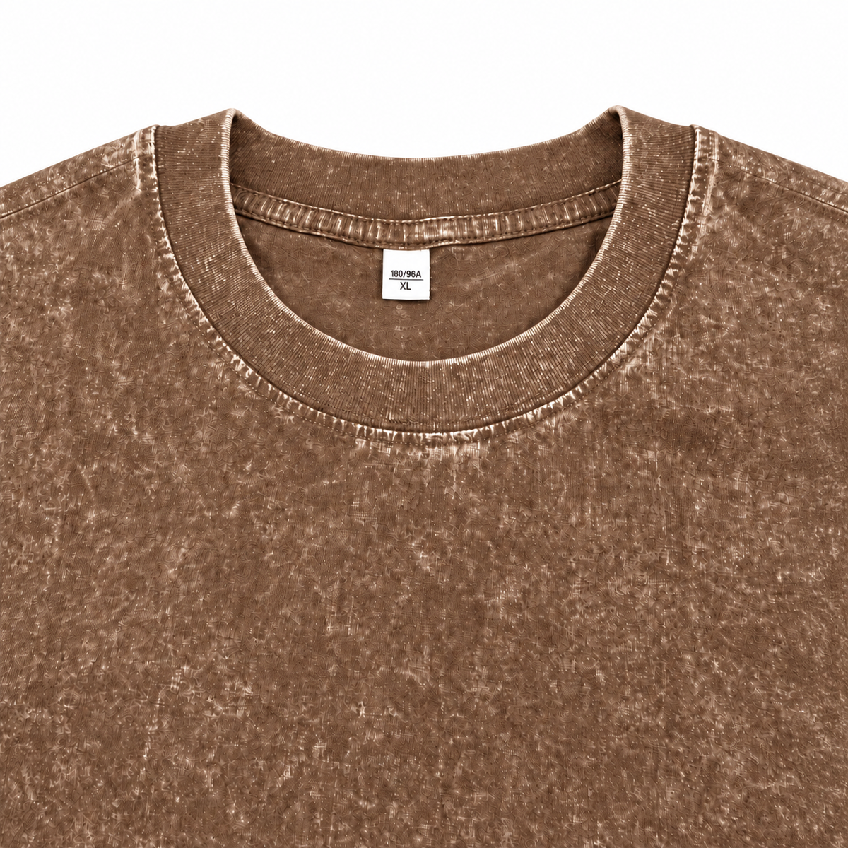 Close-up of the brown washed crewneck T-shirt neckline and stitching.