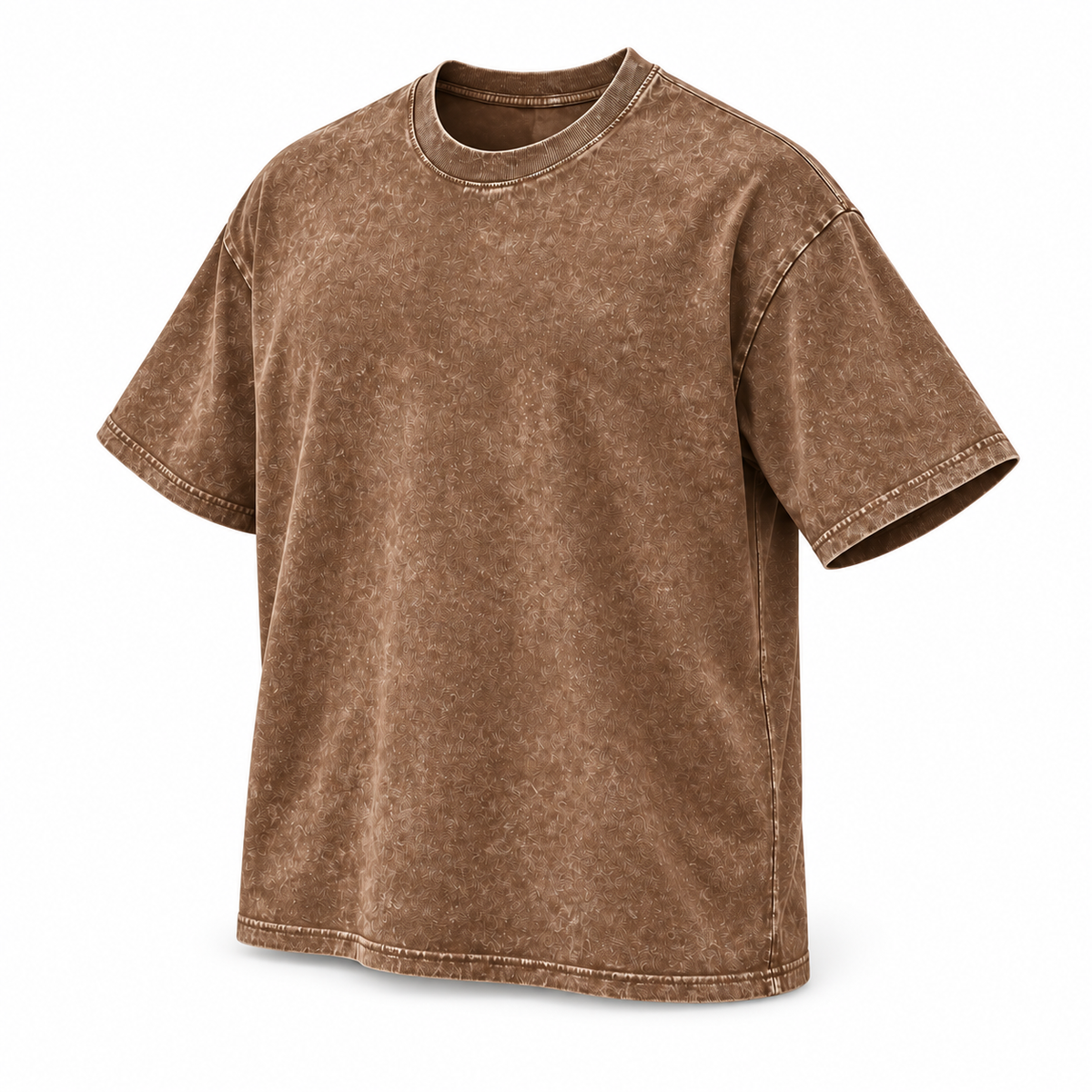 Three-quarter view of the brown washed crewneck T-shirt.