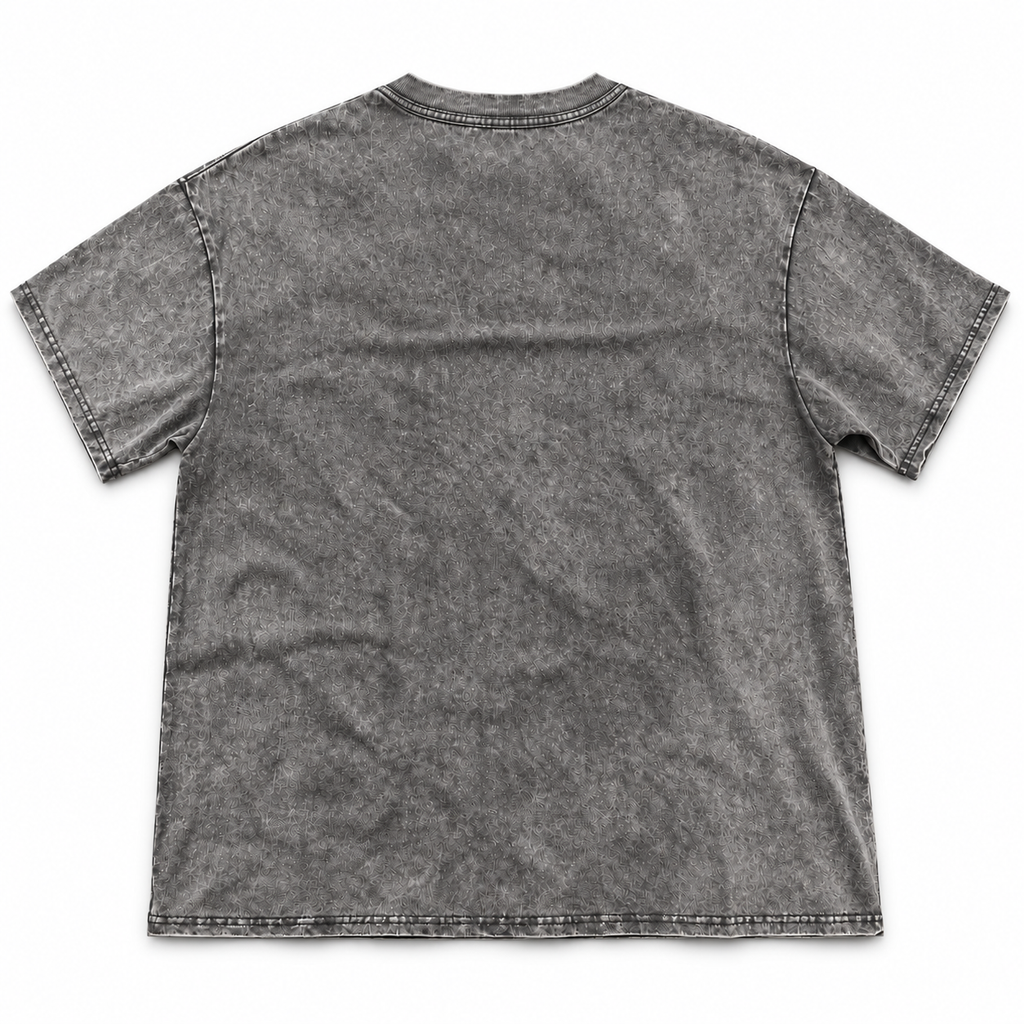 Back view of the grey washed crewneck T-shirt.