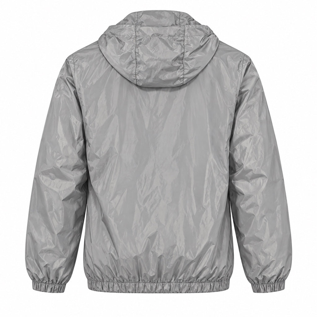Back view of the grey hooded windbreaker with a plain back and gathered cuffs and hem.