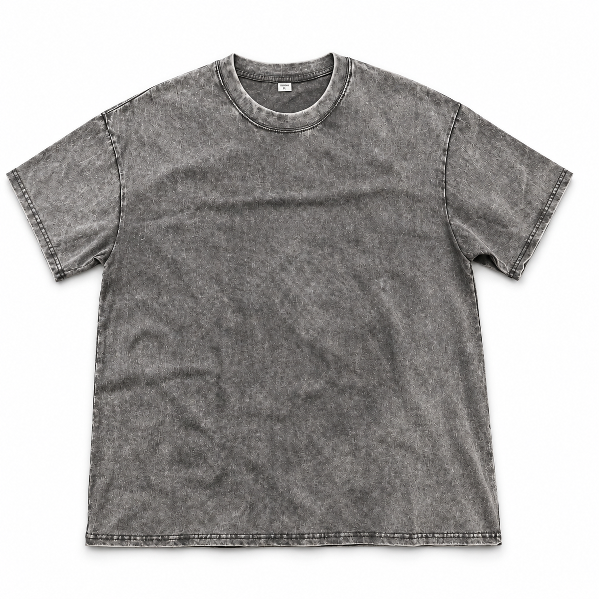Front view of the grey washed crewneck T-shirt on a white background.