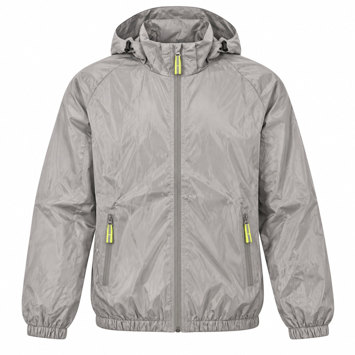 Front view of the grey hooded windbreaker with a full zip, two zippered pockets and neon yellow-green pulls.