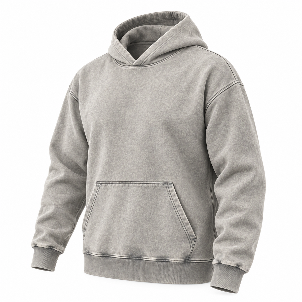 Three-quarter front view of a light grey washed pullover hoodie with a kangaroo pocket and ribbed cuffs and hem.
