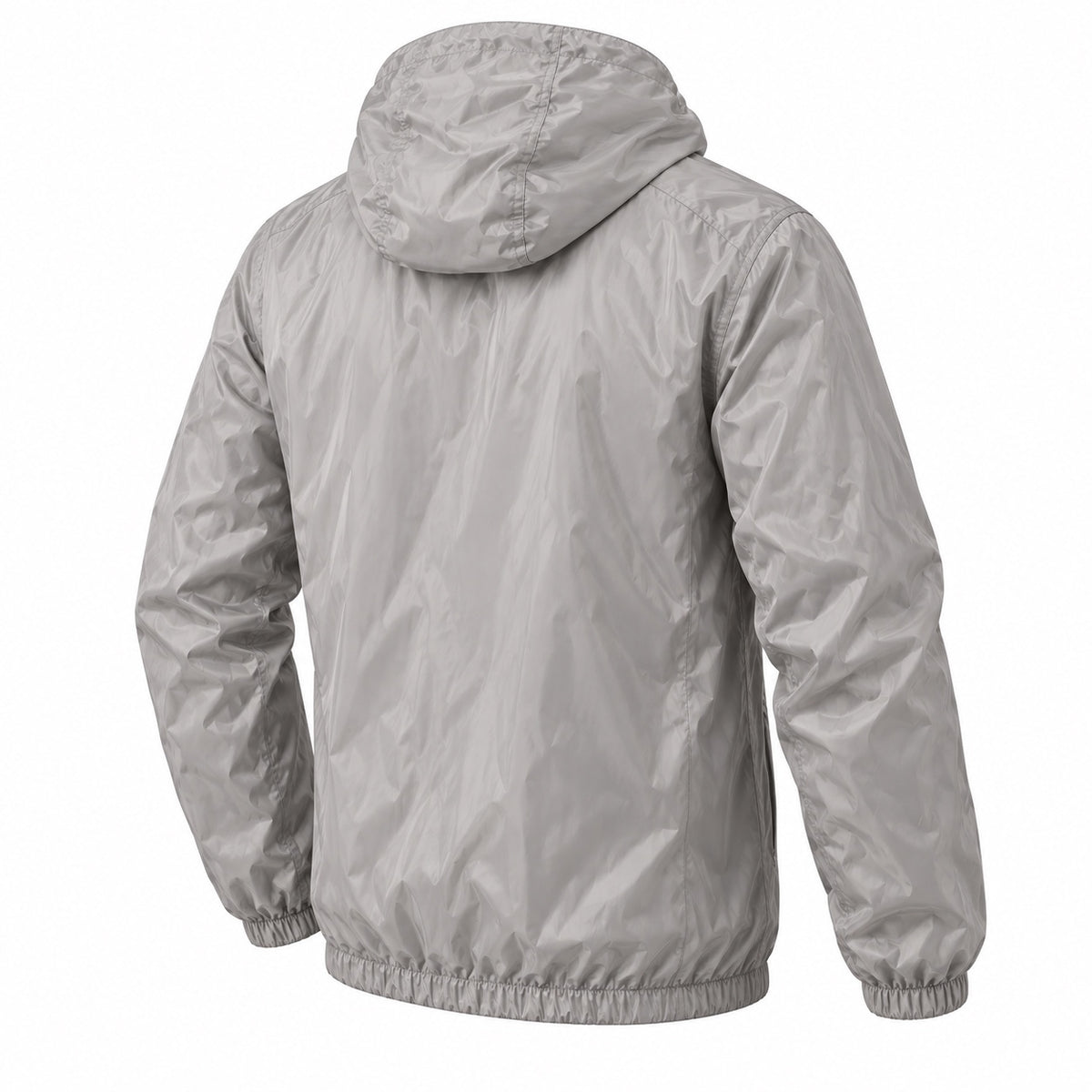 Three-quarter back view of the grey hooded windbreaker with gathered cuffs and hem.