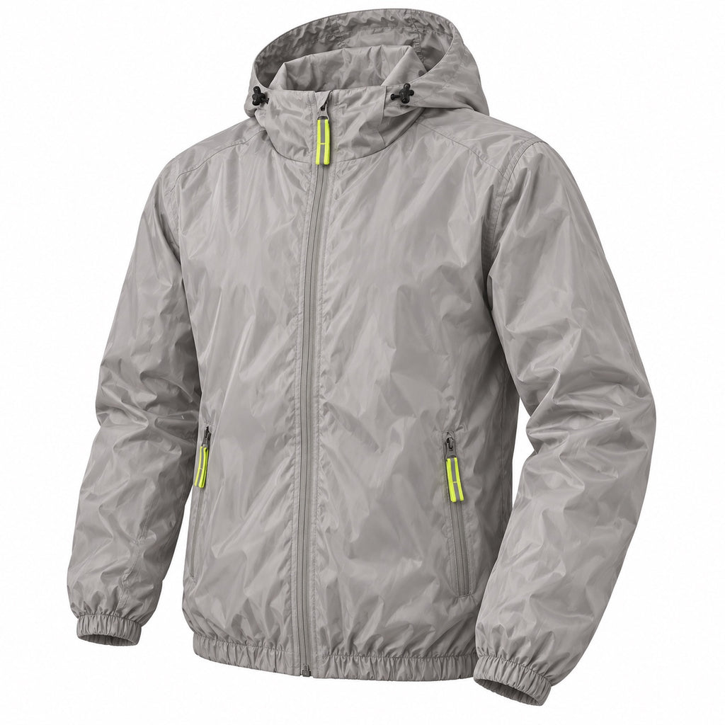 Three-quarter front view of the grey hooded windbreaker with gathered cuffs and hem.