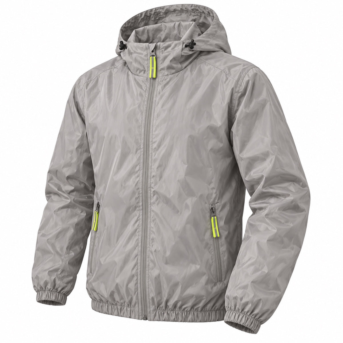 Three-quarter front view of the grey hooded windbreaker with gathered cuffs and hem.