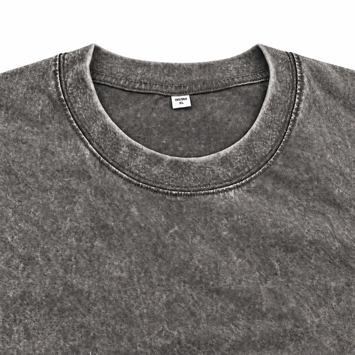 Close-up of the grey washed crewneck T-shirt neckline and stitching.