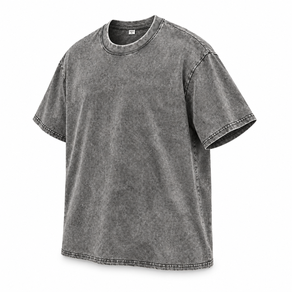 Three-quarter view of the grey washed crewneck T-shirt.
