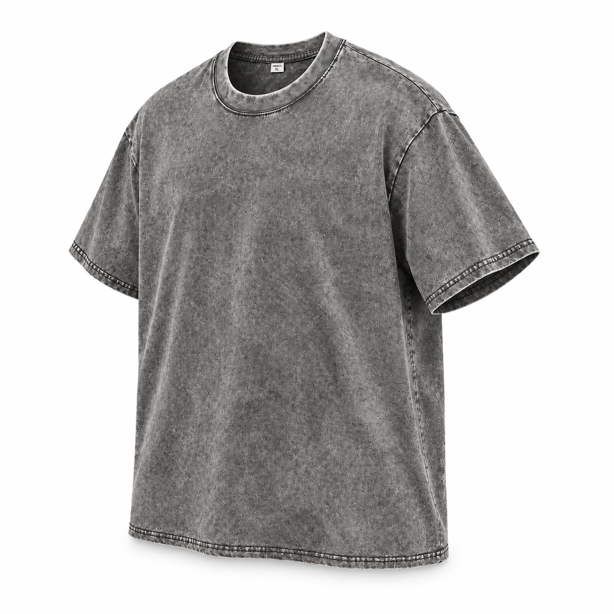 Three-quarter view of the grey washed crewneck T-shirt.