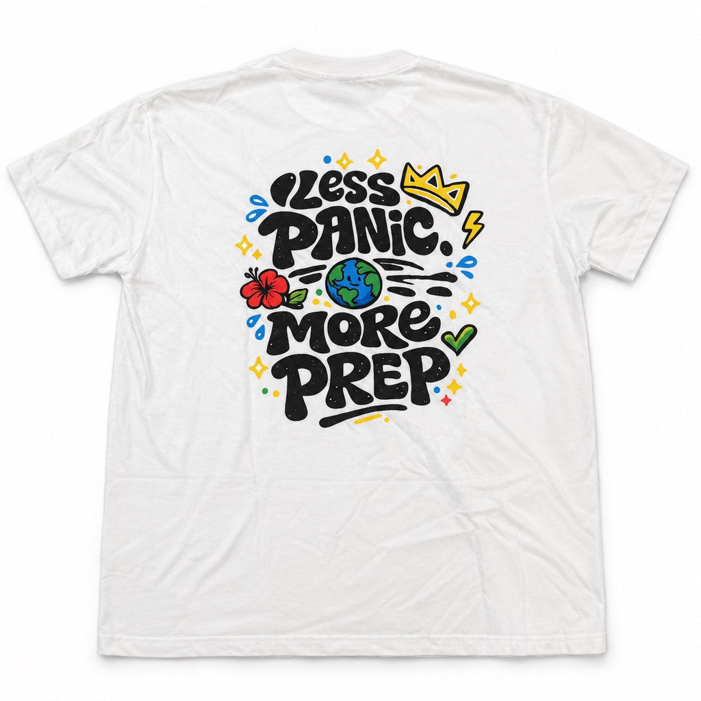 Back of a white T-shirt with Less Panic More Prep lettering, a globe, a red flower and colourful accents.