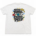 Back of a white T-shirt with Less Panic More Prep lettering, a globe, a red flower and colourful accents.