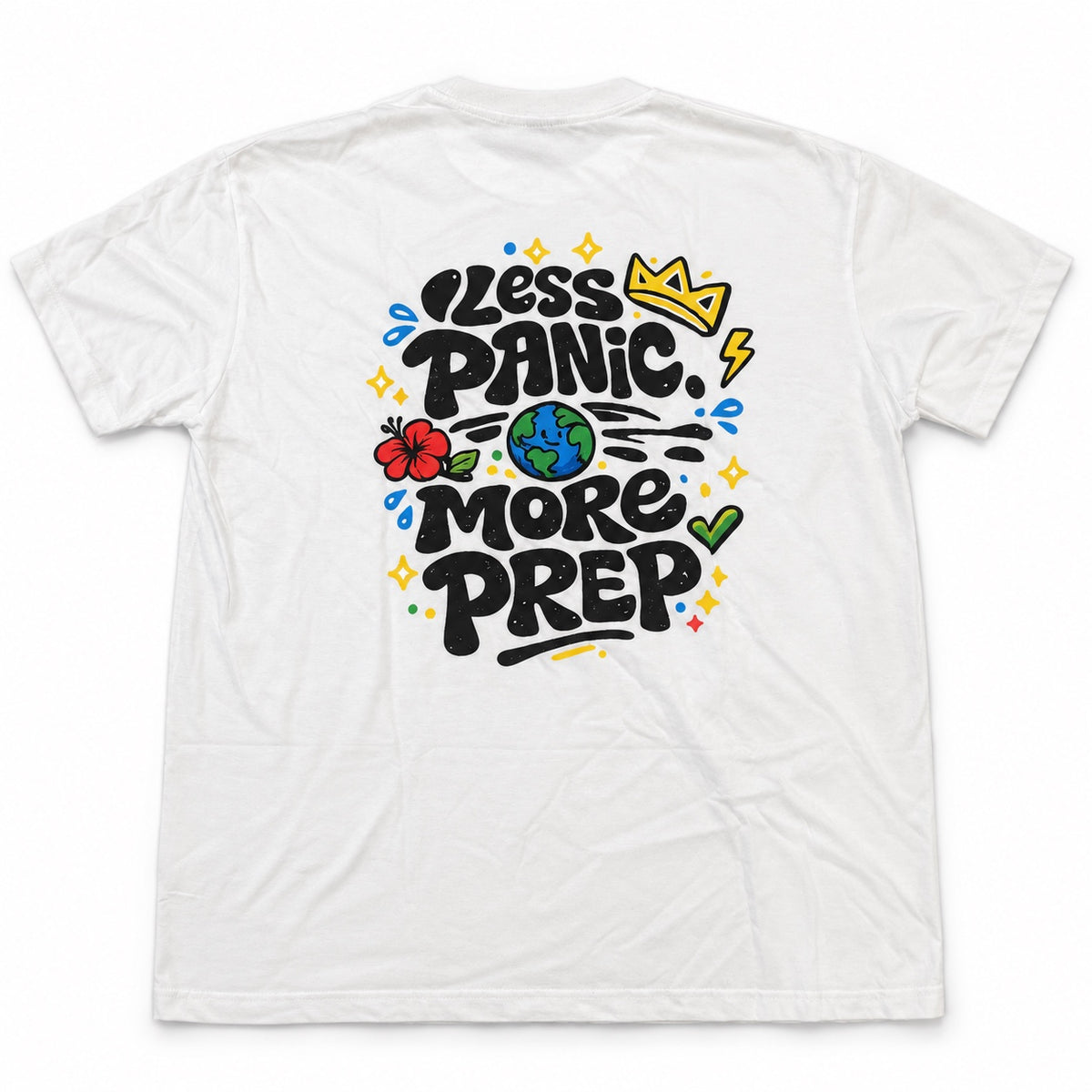 Back of a white T-shirt with Less Panic More Prep lettering, a globe, a red flower and colourful accents.
