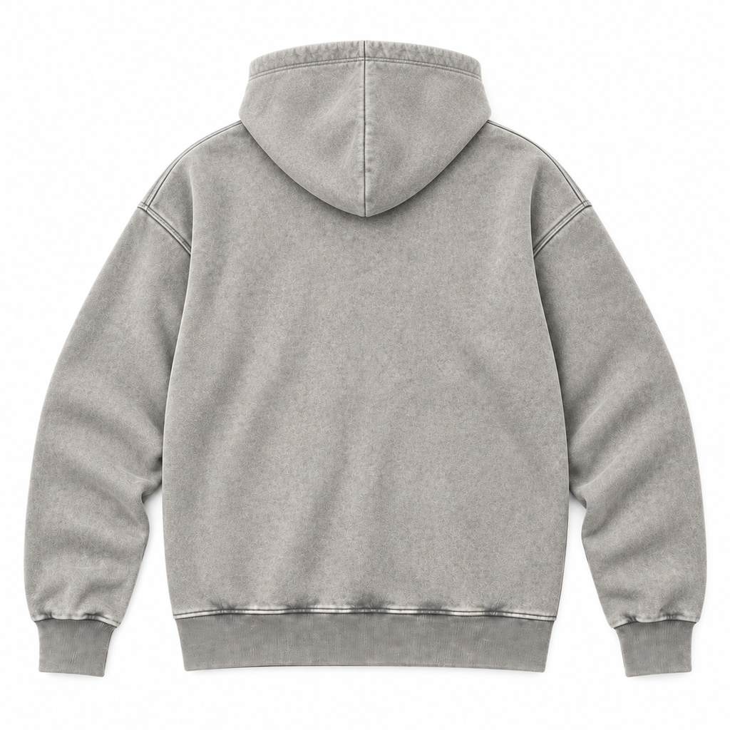 Flat back view of the light grey washed pullover hoodie.