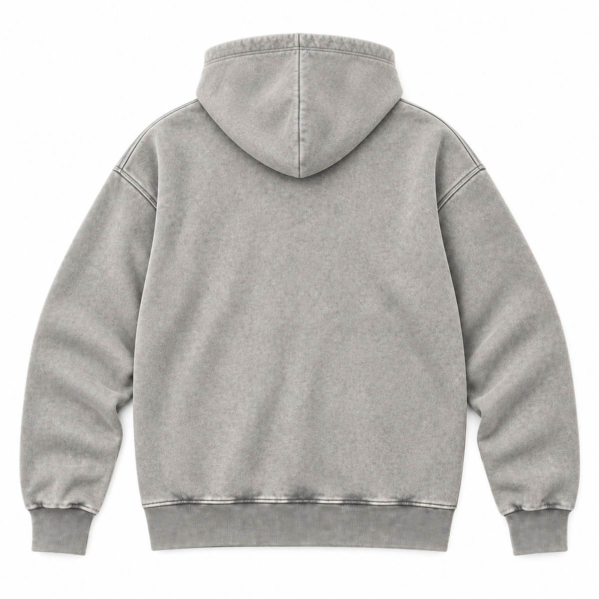 Flat back view of the light grey washed pullover hoodie.