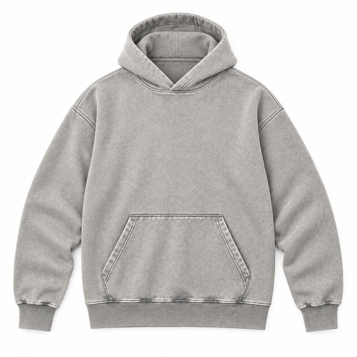 Flat front view of the light grey washed pullover hoodie.