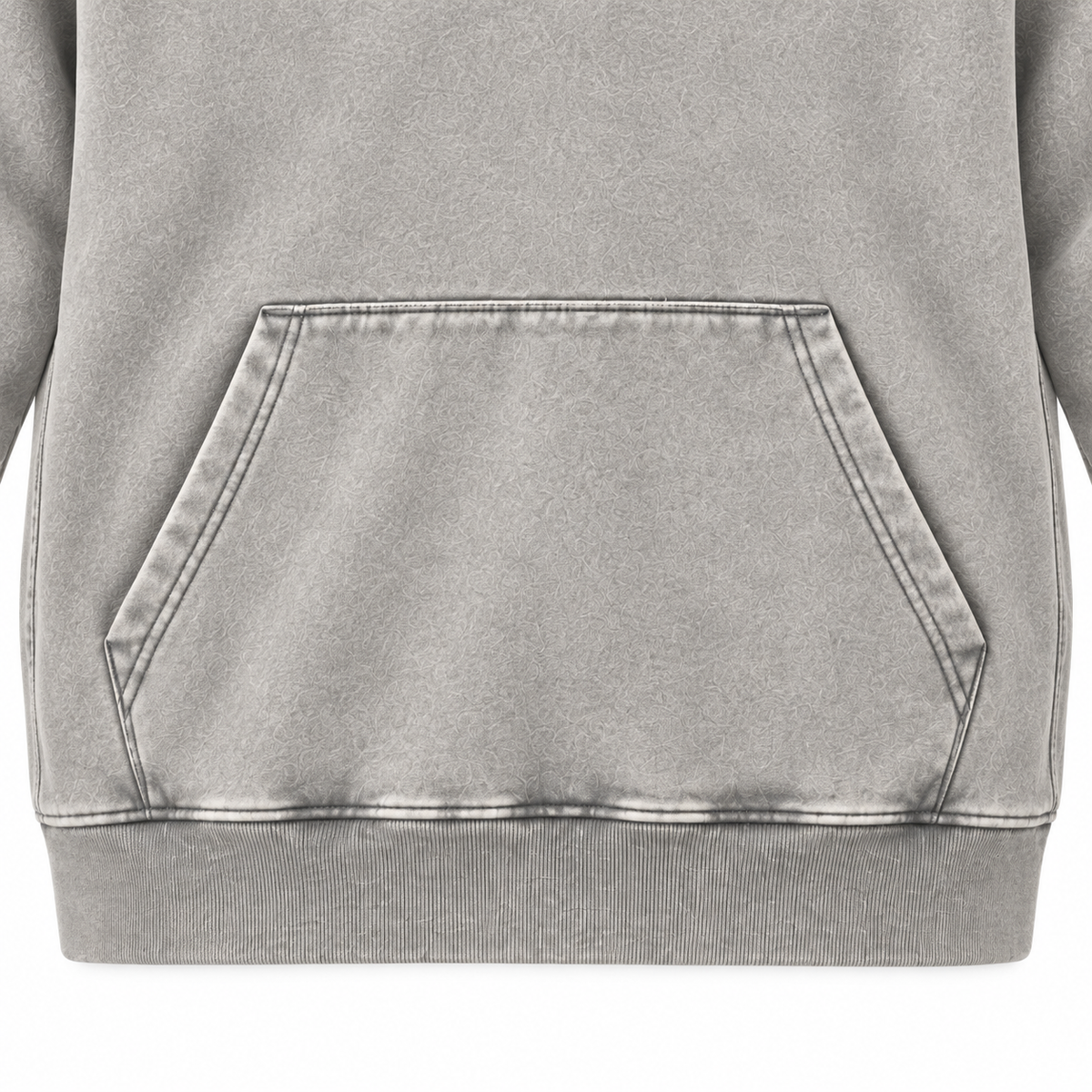 Close-up of the light grey hoodie kangaroo pocket, stitching and ribbed hem.