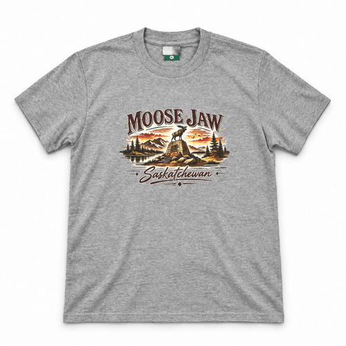 Front view of the heather grey Moose Jaw graphic T-shirt.