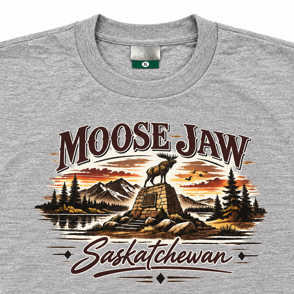 Close-up of the Moose Jaw Saskatchewan graphic on the heather grey T-shirt.