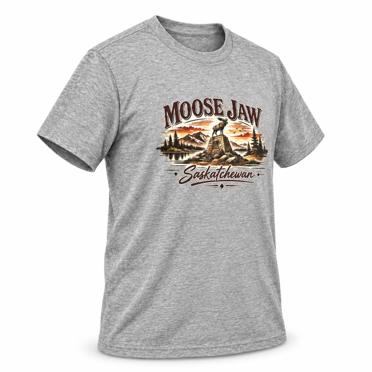 Three-quarter view of the heather grey Moose Jaw graphic T-shirt.