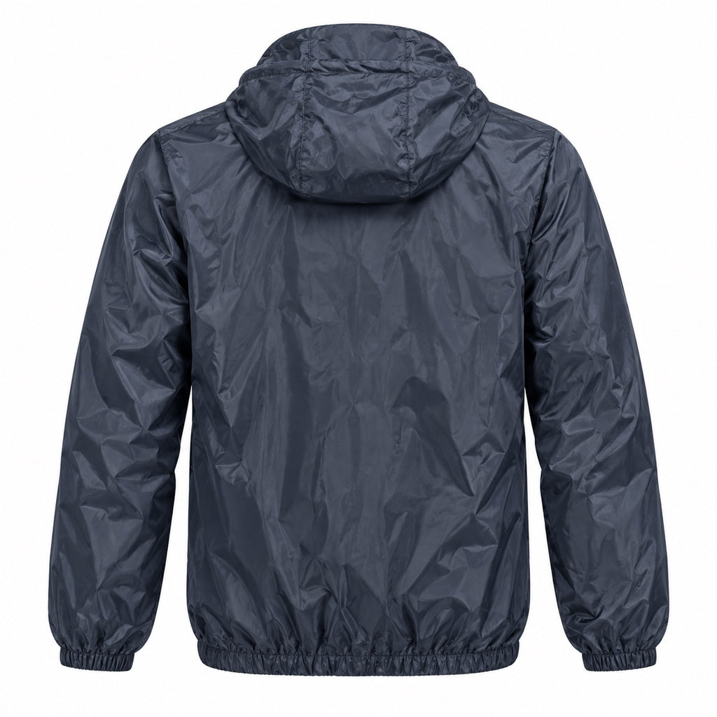 Back view of the navy hooded windbreaker with a plain back and gathered cuffs and hem.