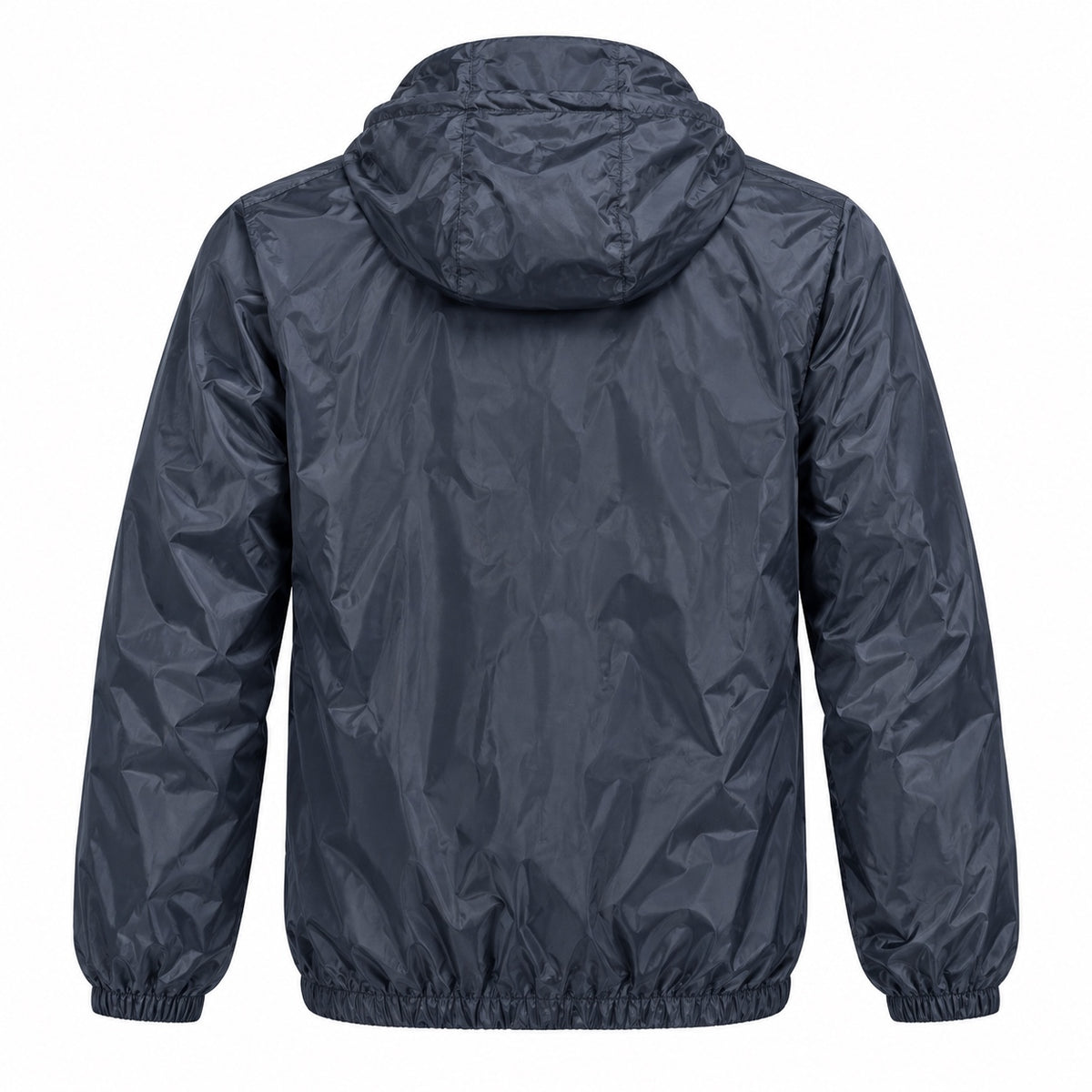Back view of the navy hooded windbreaker with a plain back and gathered cuffs and hem.