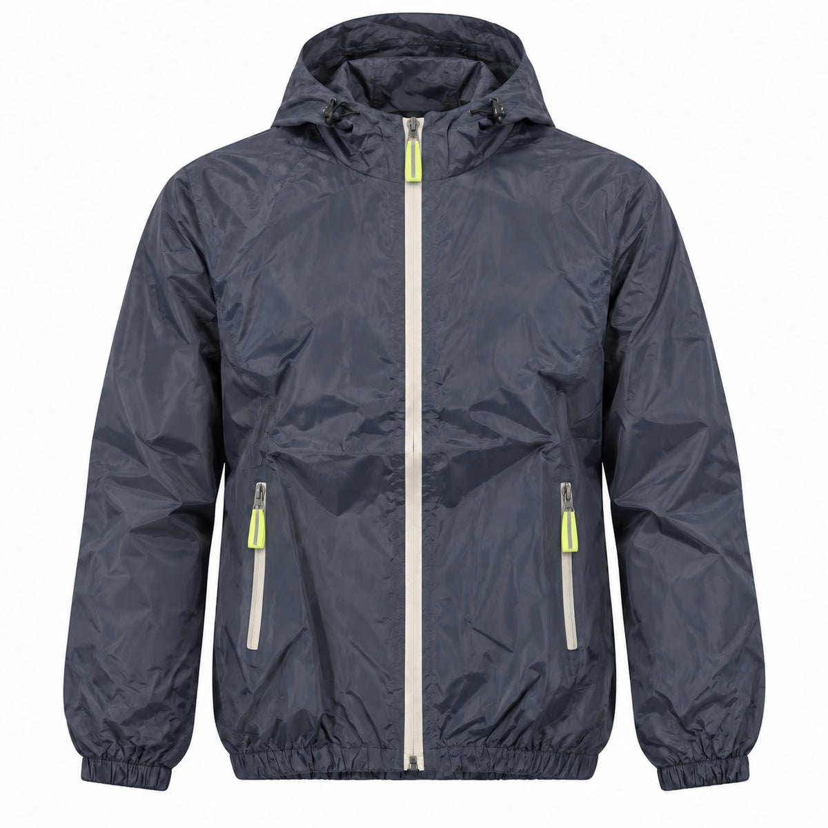 Front view of the navy hooded windbreaker with a full zip, two zippered pockets and neon yellow-green pulls.