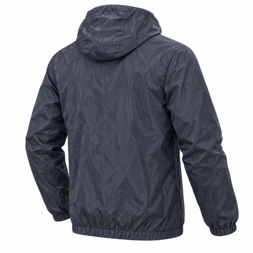 Three-quarter back view of the navy hooded windbreaker with gathered cuffs and hem.