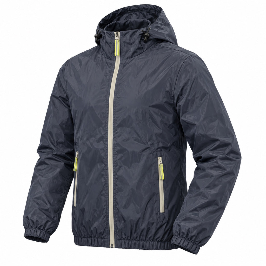 Three-quarter front view of the navy hooded windbreaker with gathered cuffs and hem.