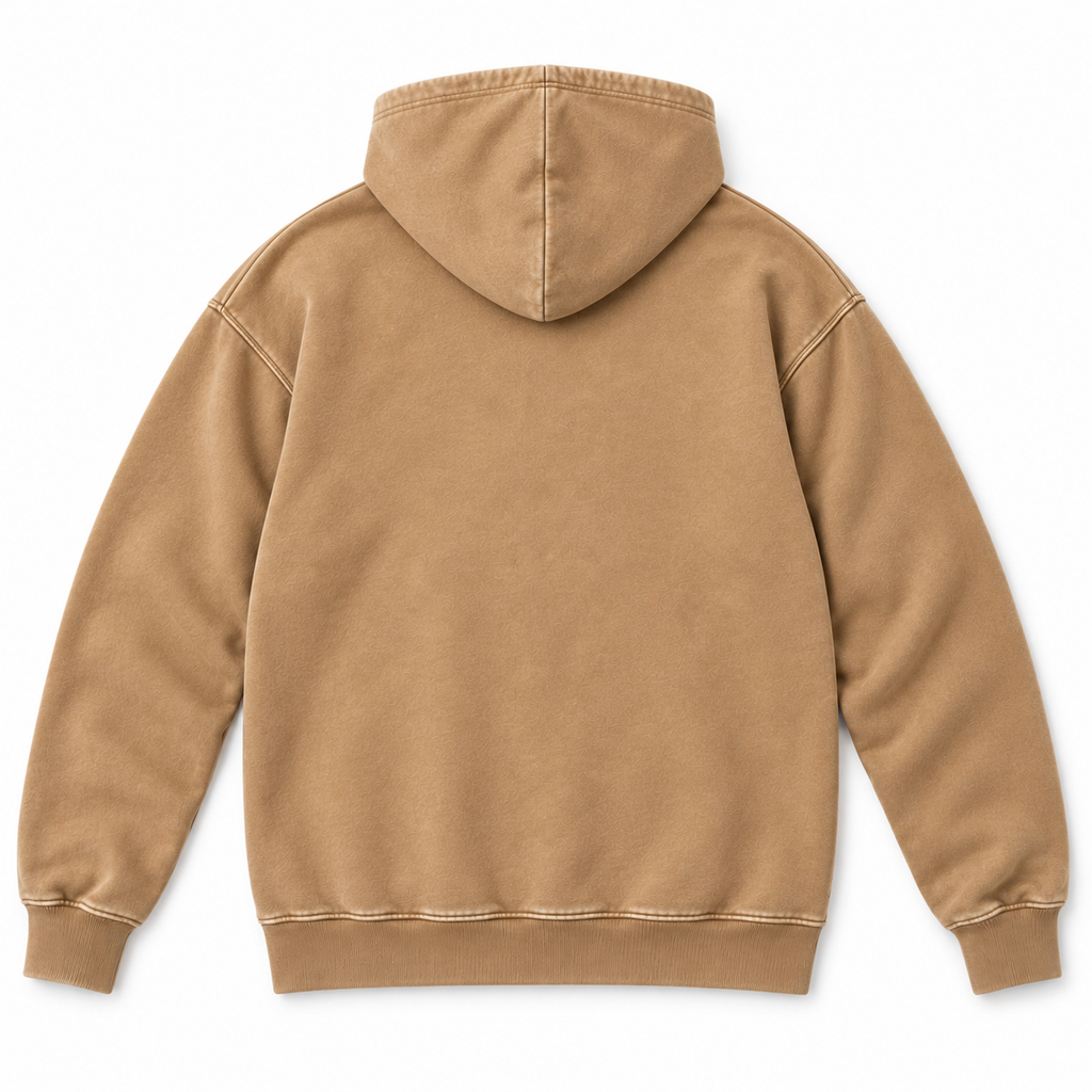 Flat back view of the tan washed pullover hoodie.