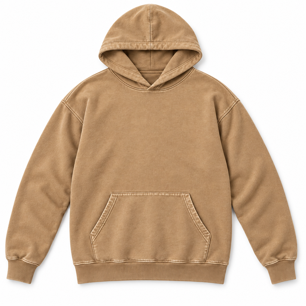 Flat front view of the tan washed pullover hoodie.