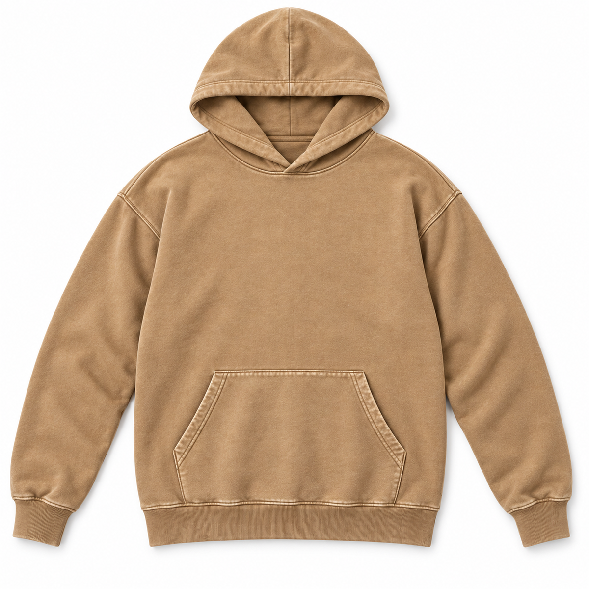 Flat front view of the tan washed pullover hoodie.