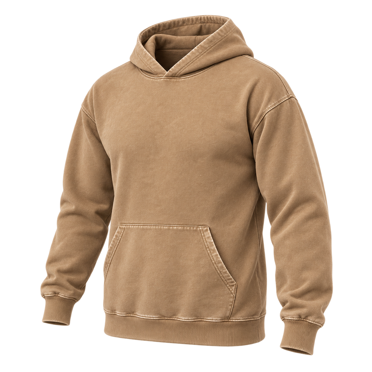 Three-quarter front view of a tan washed pullover hoodie with a kangaroo pocket and ribbed cuffs and hem.