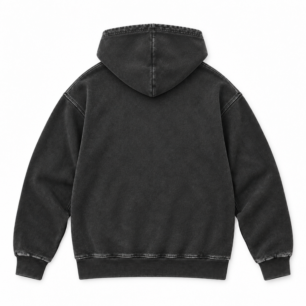 Flat back view of the washed black pullover hoodie.