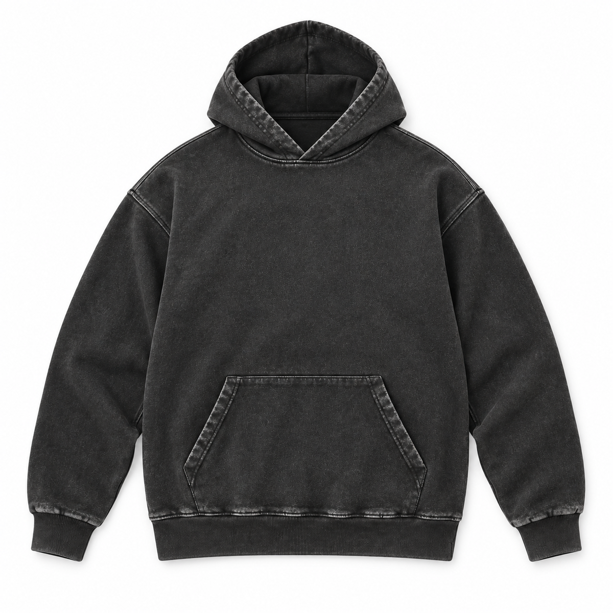 Flat front view of the washed black pullover hoodie.