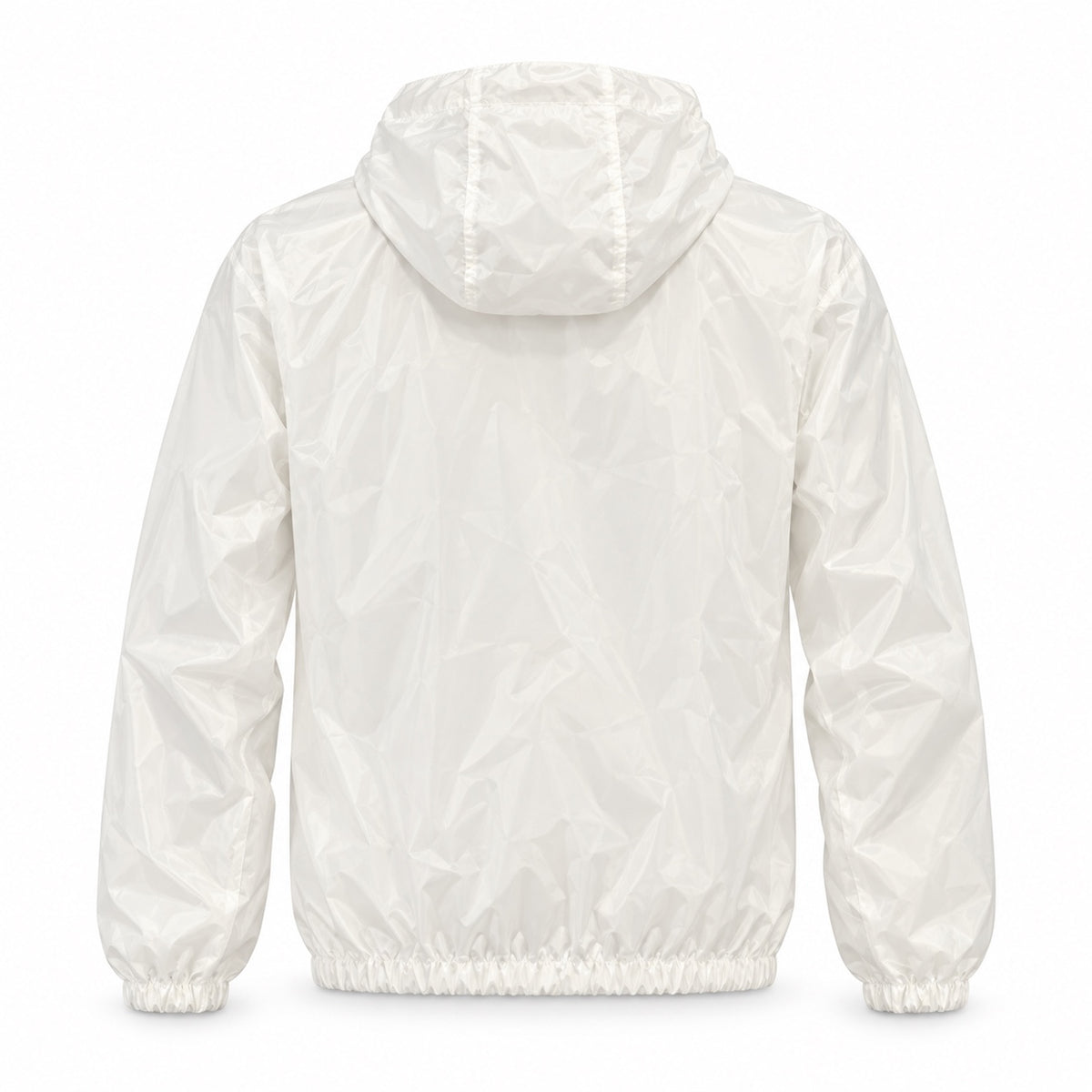 Back view of the white hooded windbreaker with a plain back and gathered cuffs and hem.