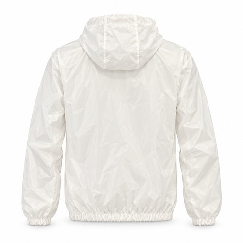 Back view of the white hooded windbreaker with a plain back and gathered cuffs and hem.