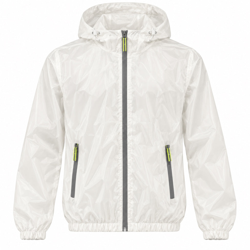 Front view of the white hooded windbreaker with a full zip, two zippered pockets and neon yellow-green pulls.