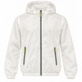 Front view of the white hooded windbreaker with a full zip, two zippered pockets and neon yellow-green pulls.