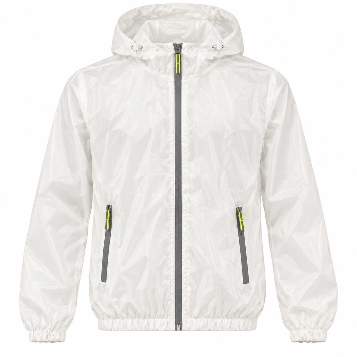 Front view of the white hooded windbreaker with a full zip, two zippered pockets and neon yellow-green pulls.