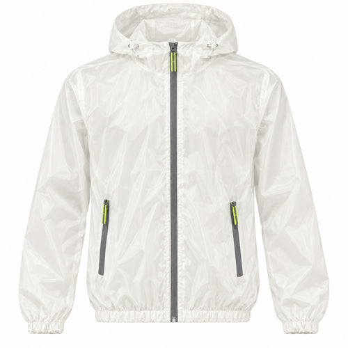 Front view of the white hooded windbreaker with a full zip, two zippered pockets and neon yellow-green pulls.