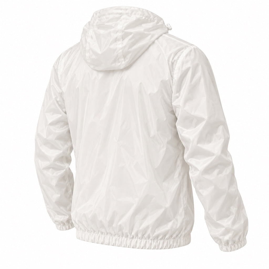 Three-quarter back view of the white hooded windbreaker with gathered cuffs and hem.