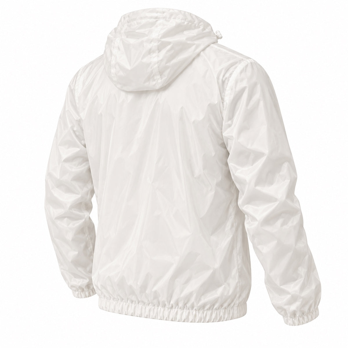 Three-quarter back view of the white hooded windbreaker with gathered cuffs and hem.