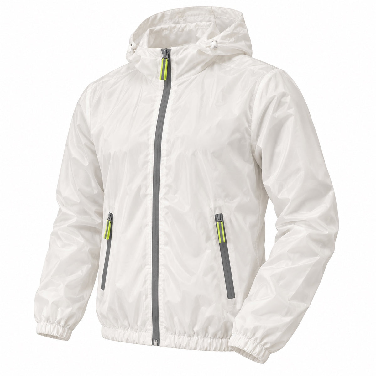 Three-quarter front view of the white hooded windbreaker with gathered cuffs and hem.