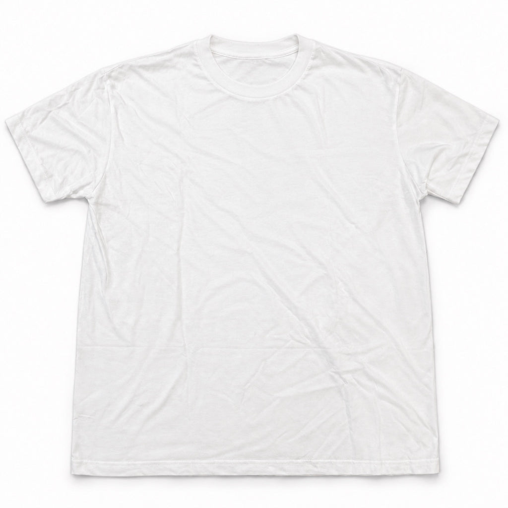 Plain front of a white short-sleeve crewneck T-shirt.