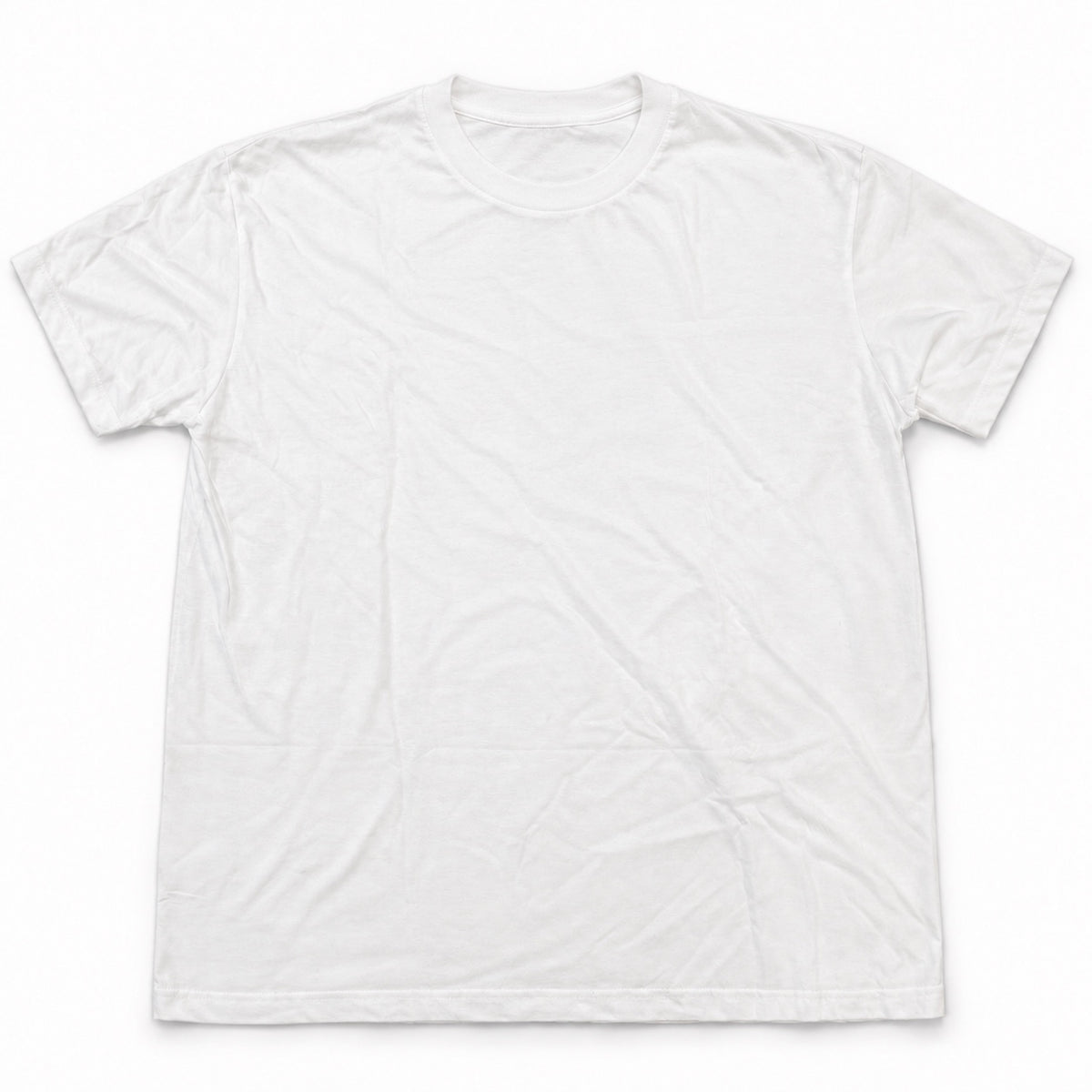 Plain front of a white short-sleeve crewneck T-shirt.